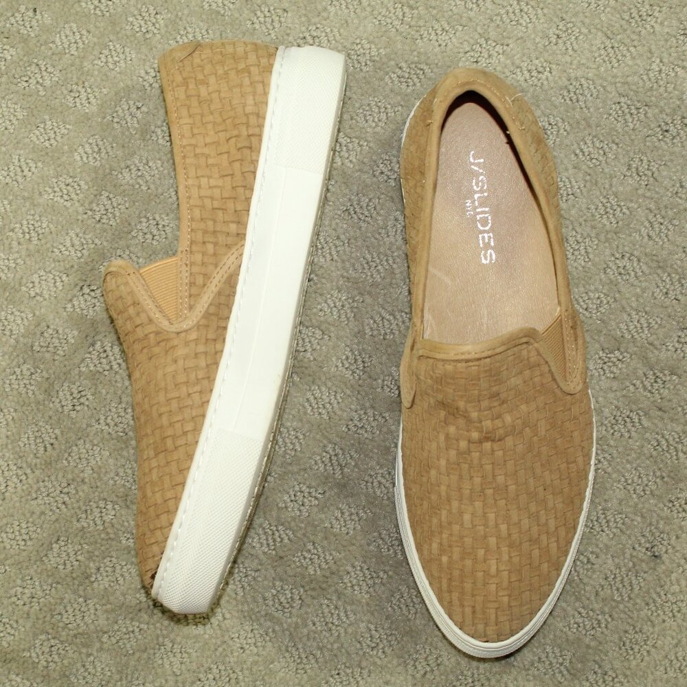 J/Slides Women's 7.5M Tan Woven Leather Loafers